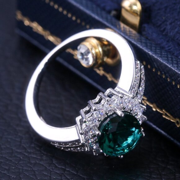 💞 Noble Large Oval Sun Flower Shiny Elegant Green Silver Ring for Women,VIP283 - Picture 3 of 6